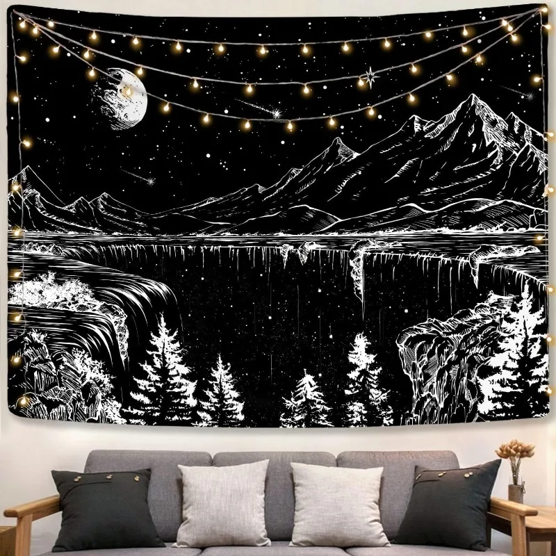 Black and White Tapestry, Starry Sky Night Mountain Tapestry, Bedroom Aesthetics Moon and Star Tapestry