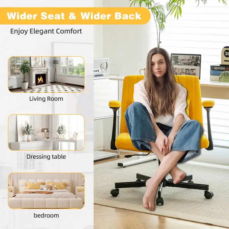 Ergonomic Yellow Linen Criss Cross Armrest Office Chair with Wheels for Home, Work & Study