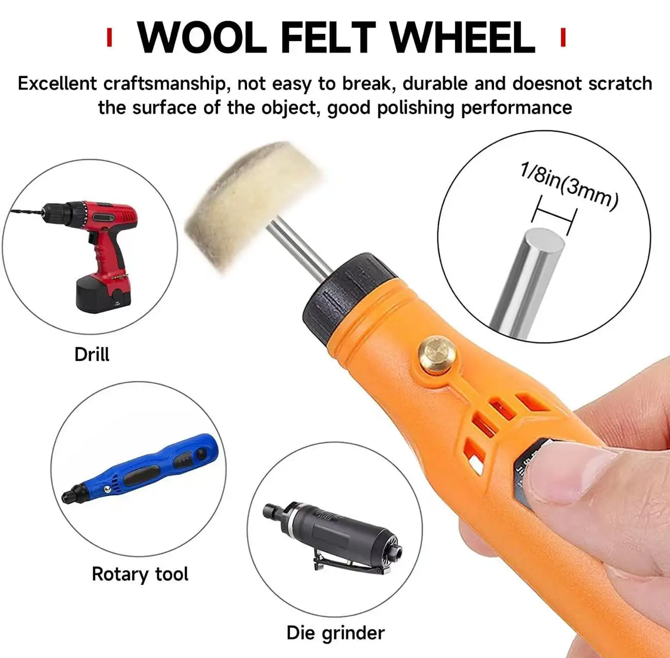 50 Pcs 1 Inch Felt Polishing Wheel Set for Dremel Tool, 1/8" Shank Buffing Kit, 25 Flat & 25 Spherical for Jewelry Metal Wood view 3