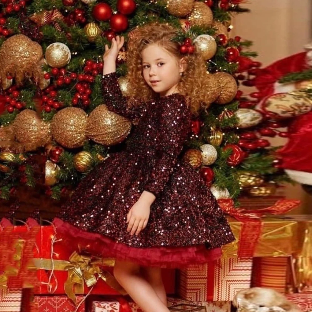 

Fashion Burgundy Sequin Flower Girl Dress Long Sleeves O Neck Glitter Kids Party Gown Cute Little First Communion