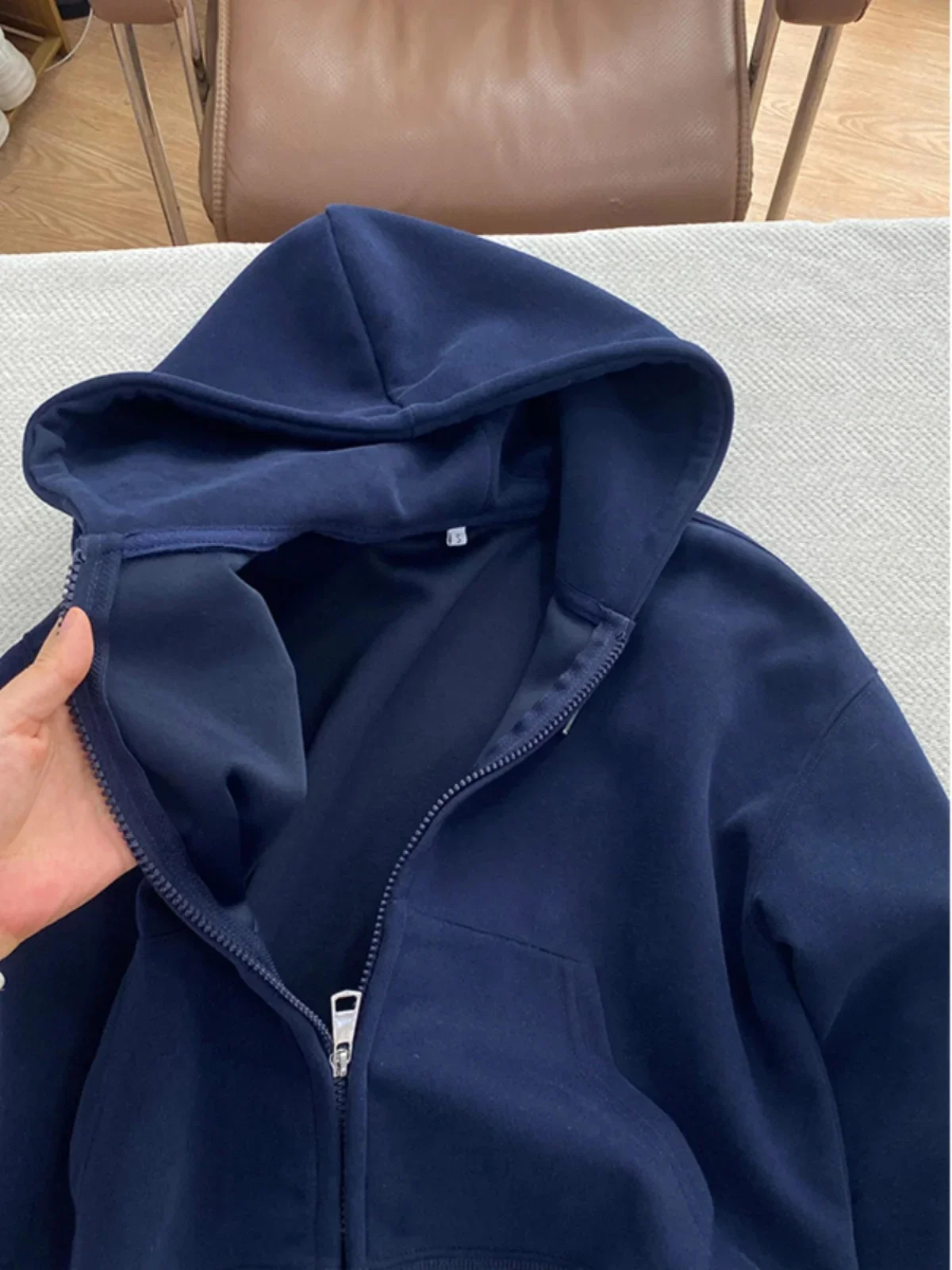 American Fashion Brand Navy Blue Cardigan Hooded Sweatshirt for Women 2024 Autumn New Jacket Top