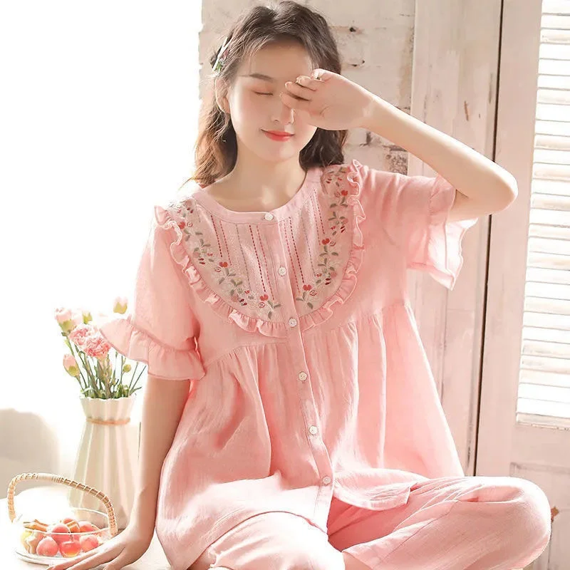 New Embroidered Pajamas Women Summer Pure Cotton Gauze Short Sleeved Long Pants Two Piece Set Japanese Style Sweet Cute Homewear