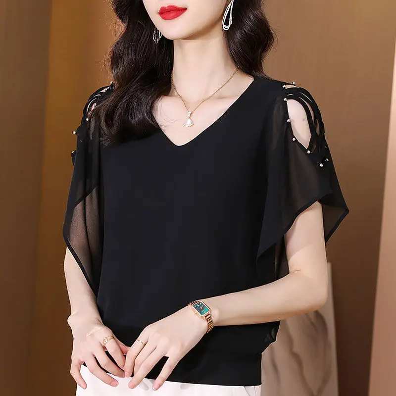 Korean Elegant Batwing Sleeve Chiffon Shirt Summer V-Neck Commute Solid Color Casual Female Clothing Loose Chic Beading Blouse