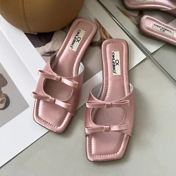 Summer Women Flat Slippers Candy Leather Women Simple Bow Shoes Open Toe Square Head Slippers Women 2024 New French Beach Shoes