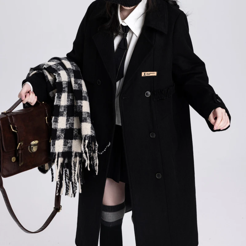 2024 New Sweet College Style Suit Collar Pocket Single-Breasted Long Black Woolen Coat For Girl