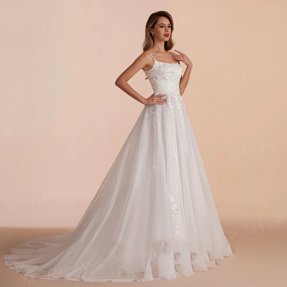 Vestidos de casamento feminino em linha, graciosos apliques de renda, vestidos de noiva, alças esparguete, sem mangas, modernos, clássicos