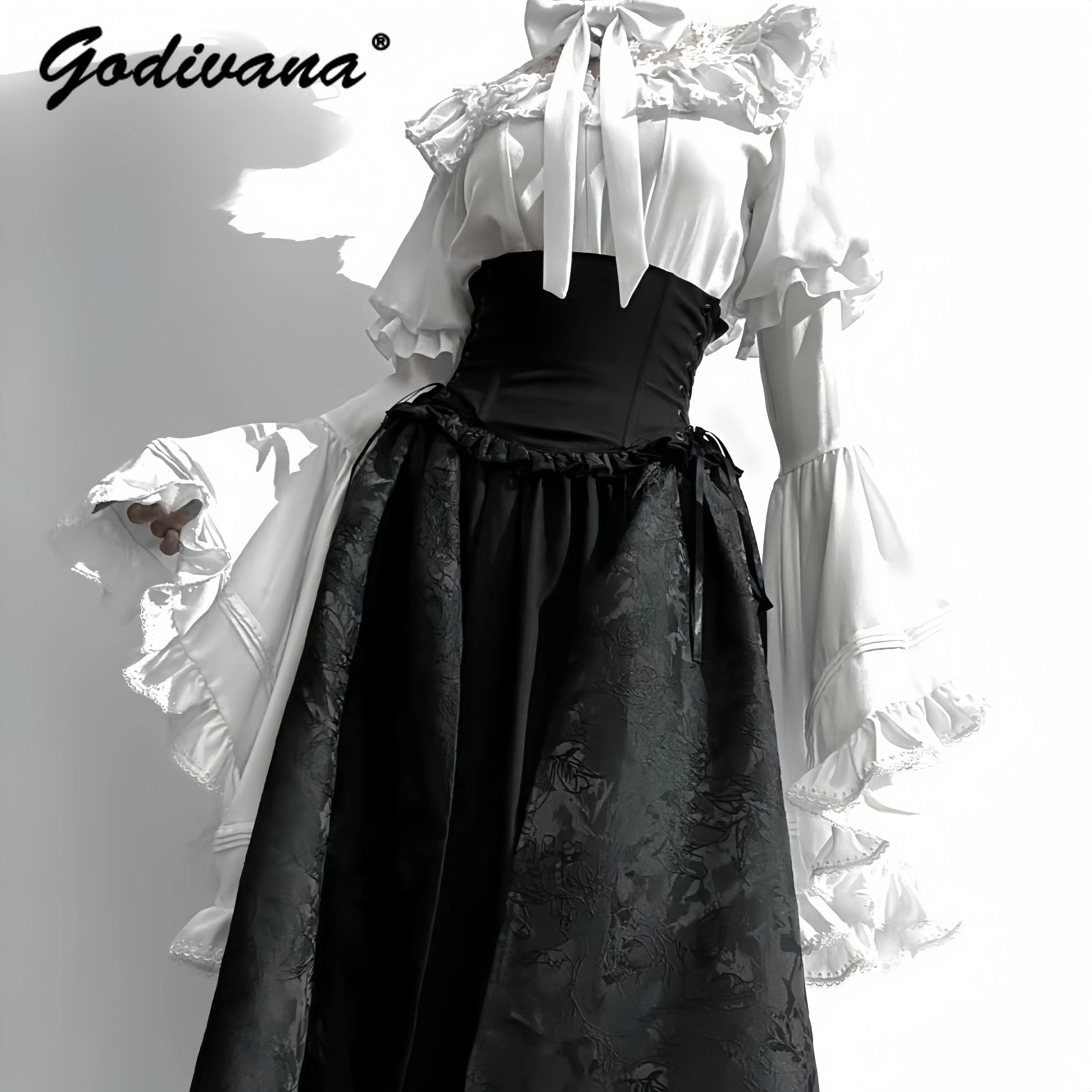 Lolita Gothic Court Style Long Sleeve Retro Shirt Gorgeous Elegant Sk Skirt New Spring and Autumn Women\'s Long Skirt Set Outfits