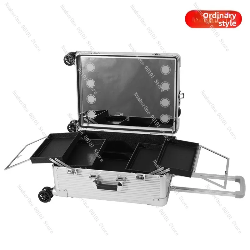 Tempered glass mirror with light Trolley portable makeup artist case