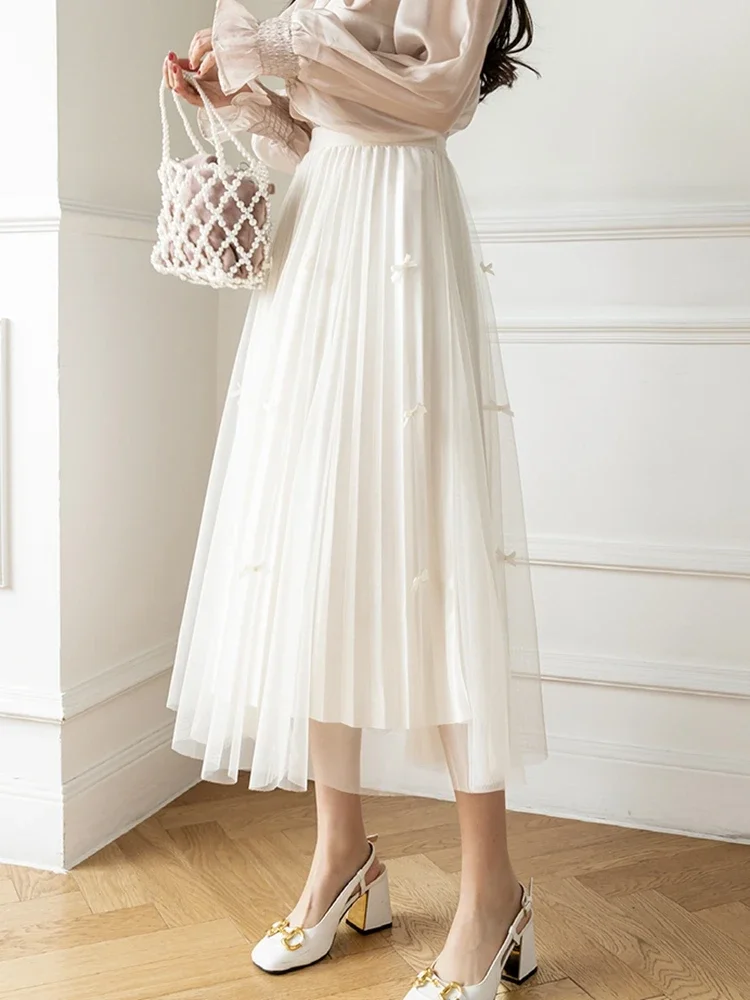 Elastic Waist Pleasted Tulle Skirts Women Korean Fashion Clothes Casual Bow Black Faldas Elegant Mid Length Y2k A Line Skirt