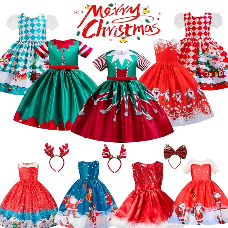 Red Christmas Costume For Kids Girls Party Dresses Cartoon Santa Claus Snowflake Princess Dresses Children Cosplay Xmas Vestidos