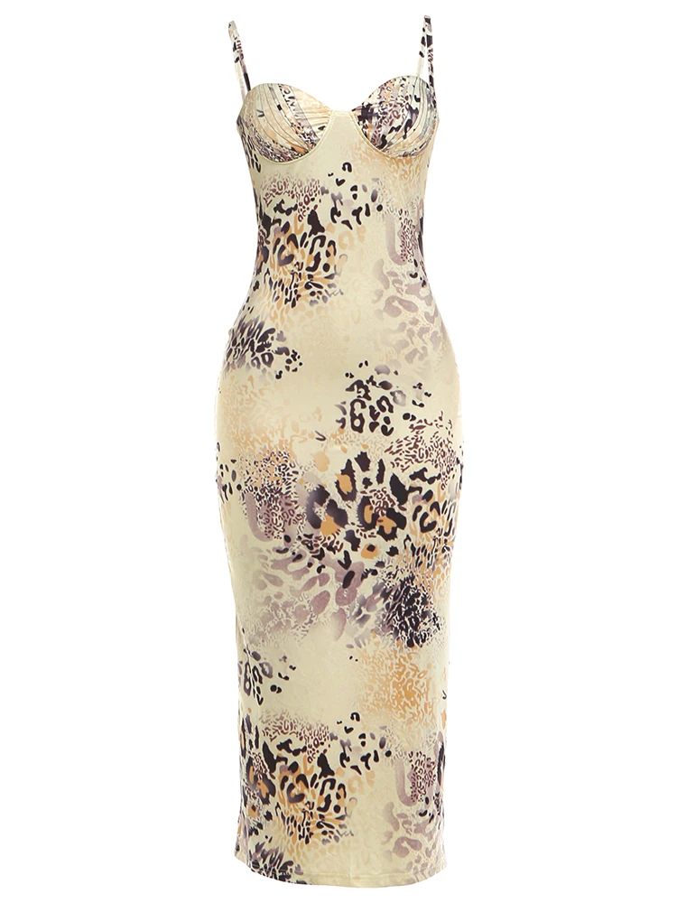 Werid Puss Sexy Sling-Kleid für Damen, Leopardenmuster, tiefer Ausschnitt, rückenfrei, tailliert, Hot Girls High Street Style, klassisches langes Bodycon-Kleid – Detail 2