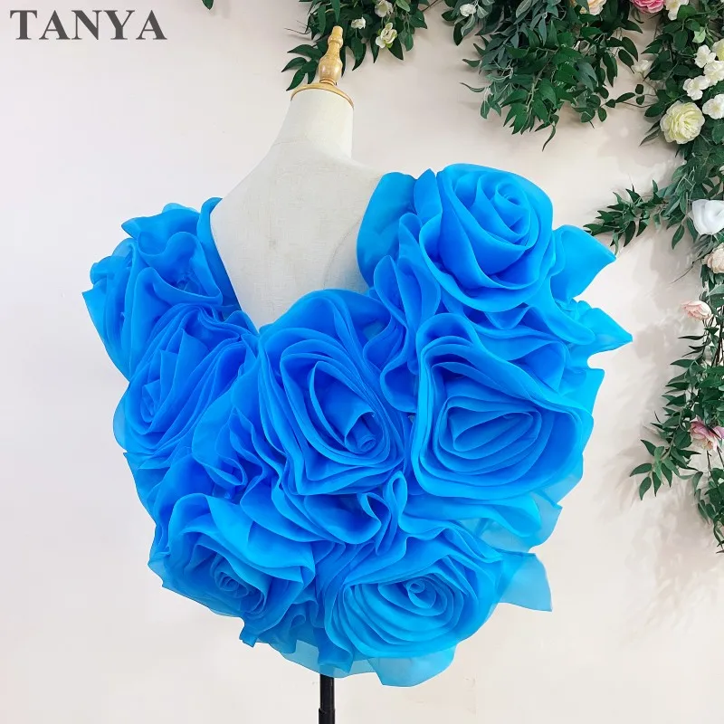 Blue 3D Rose Big Flowers Organza Wedding Short Cape Romantic Evening Party Wrap Fashionable Outfit Bolero Customized