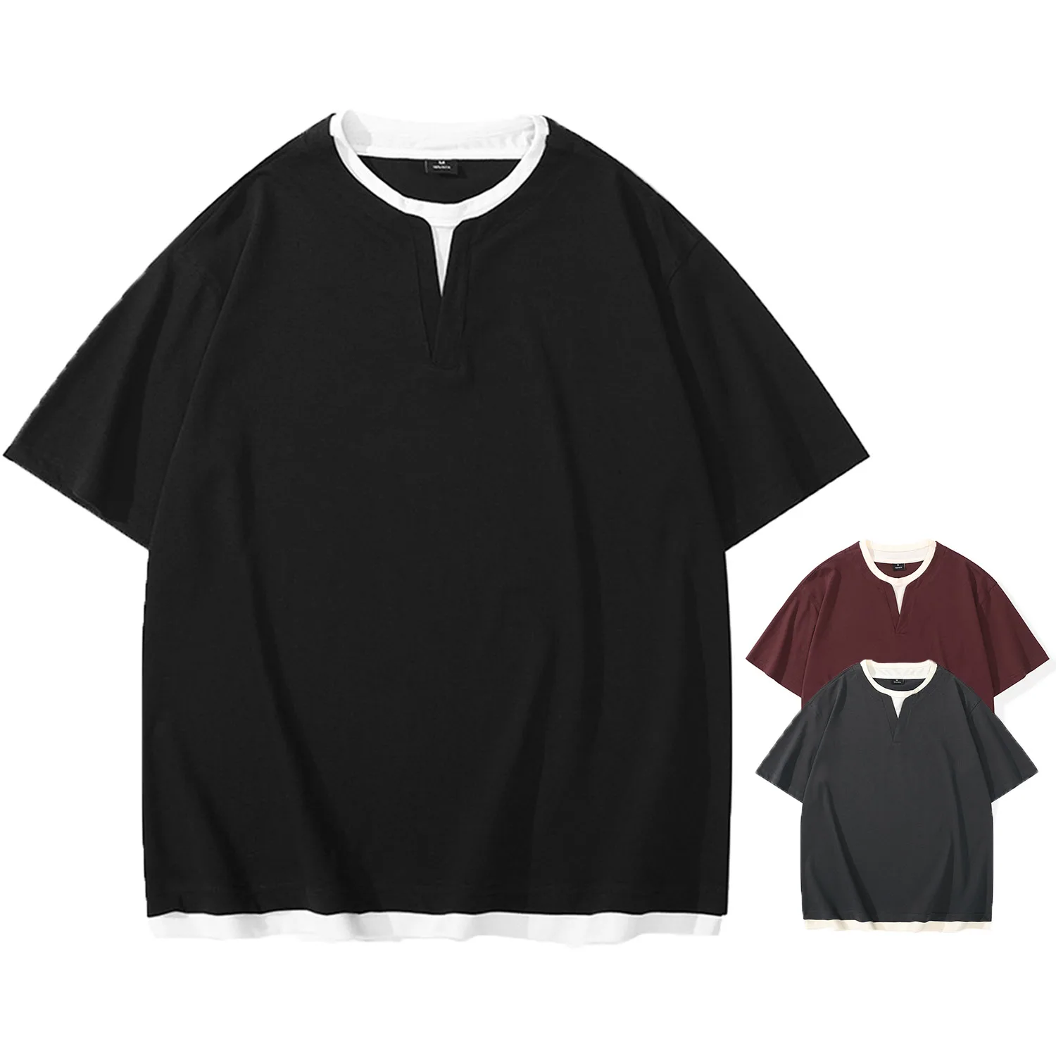 

American retro heavyweight Henry collar fake two-piece T-shirt men's summer black loose shirt, fashionable men's clothing