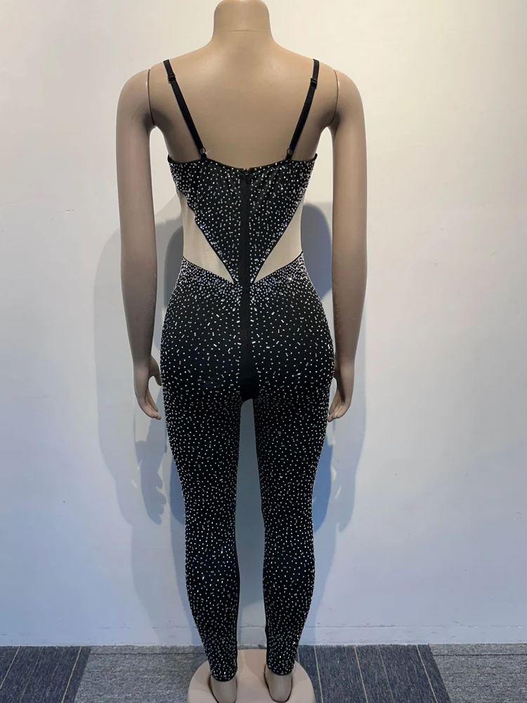 Beyprern Beautiful Sheer Mesh Patchwork Crystal Jumpsuit Women Glam Fitted Diamonds Rompers Overalls Birthday Outfits Clubwear