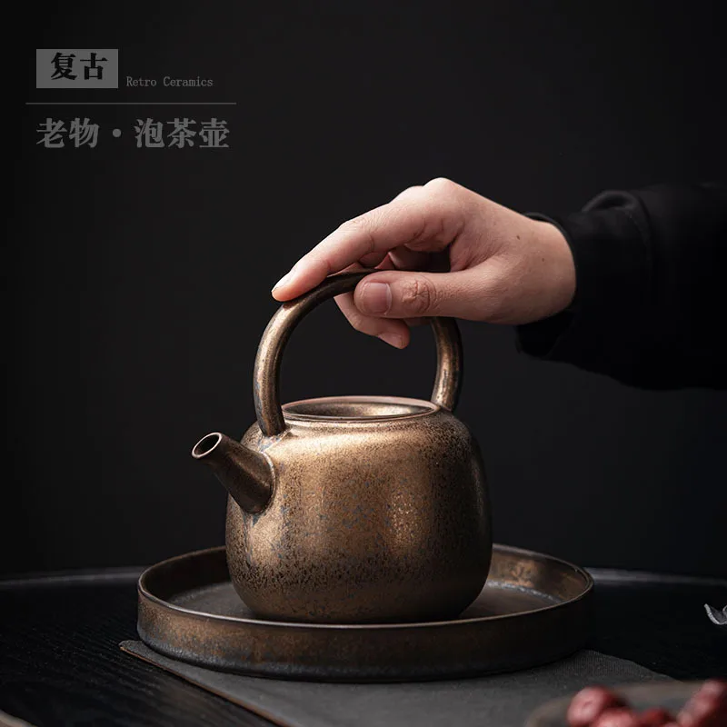 Japanese-style black gold rough pottery ring handle teapot large teapot household ceramic single pot with filter kung fu teapot