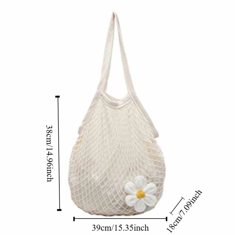 حقيبة كتف منسوجة مجوفة من البوليستر بجيوب على الطراز الكوري وحقائب يد شبكية على شكل زهرة تغطي الحواف بسعة كبيرة