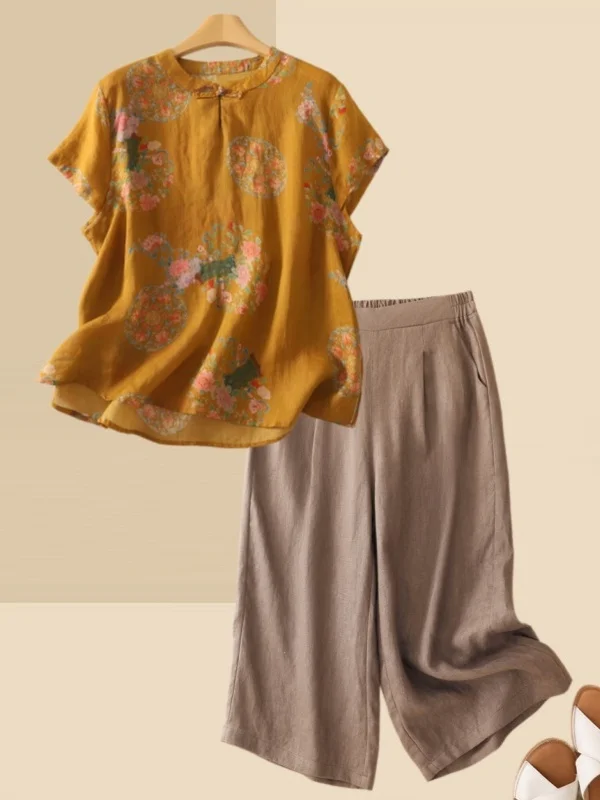 

New Chinese Style Printed Cotton Linen Summer Outfit Loose Short Sleeve Stand Collar Top Seven Inch Pants for Middle Aged Women