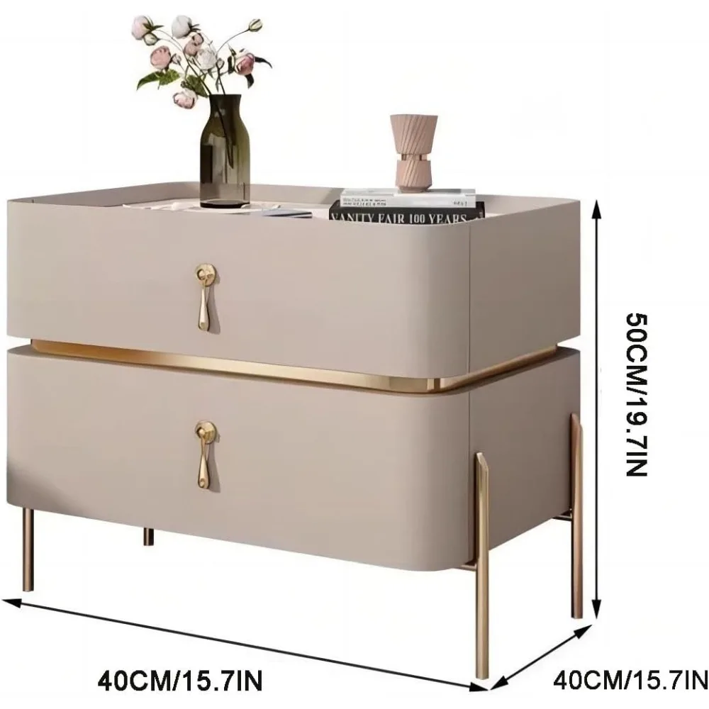 Comodino a due cassetti con manico in metallo, comodino in materiale PU, armadio portaoggetti per spazio abitativo