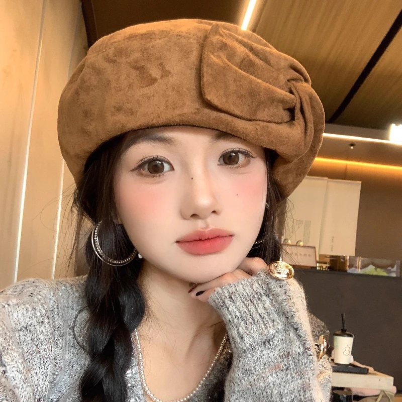 

Retro Niche Bow Design Literary Painter Hats for Women Autumn and Winter Casual Versatile Show Face Small Elegant Suede Berets
