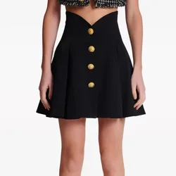 Summer New Arrival 2024 Women Solid Black All Match Single-breasted A-line Lady Pleated Mini Skirt