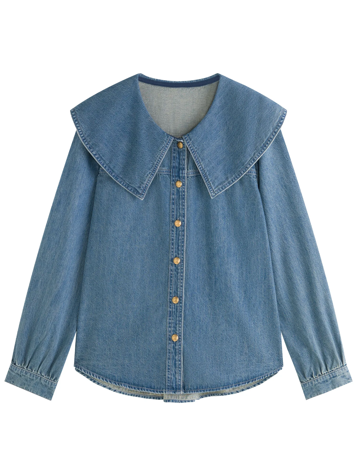 FSLE Retro Casual Doll Collar Denim Shirt For Women 2024 Autumn New Design Loose Versatile Shirt For Female 24FS13016