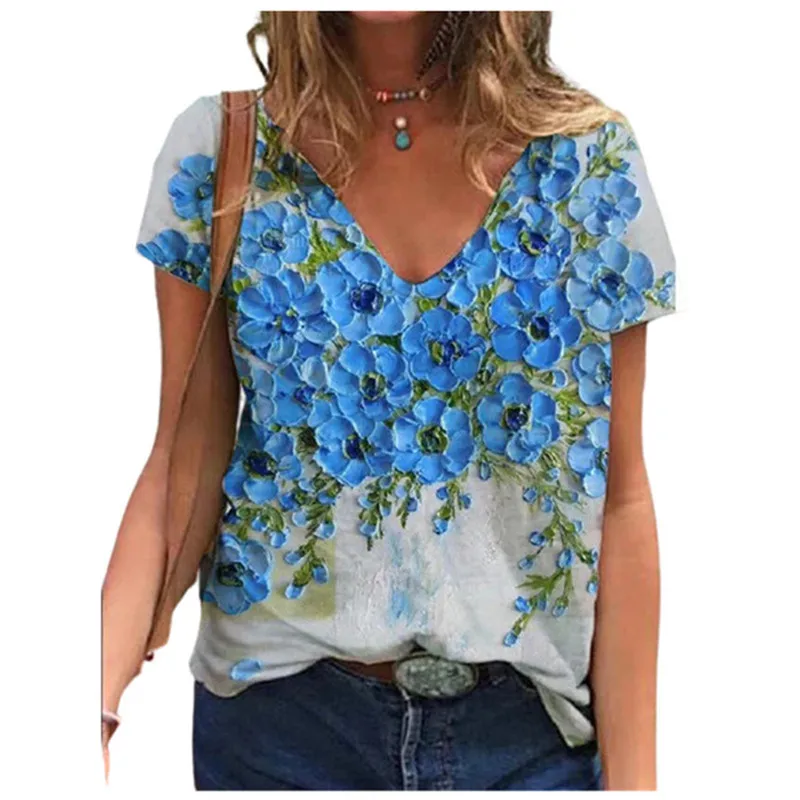 Fashion New Flower Floral 3D Print T-Shirts Women\'s Streetwear V-Neck T Shirt Female Tee Tops Oversized Harajuku Y2k Clothing