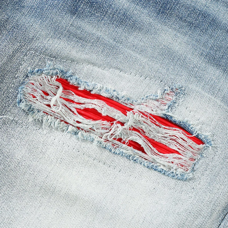 Designer High Street Fashion New Men's Jeans Washed Nostalgic Perforated Red Patched Light Blue Jeans Hip Hop Brand Pants Y2K