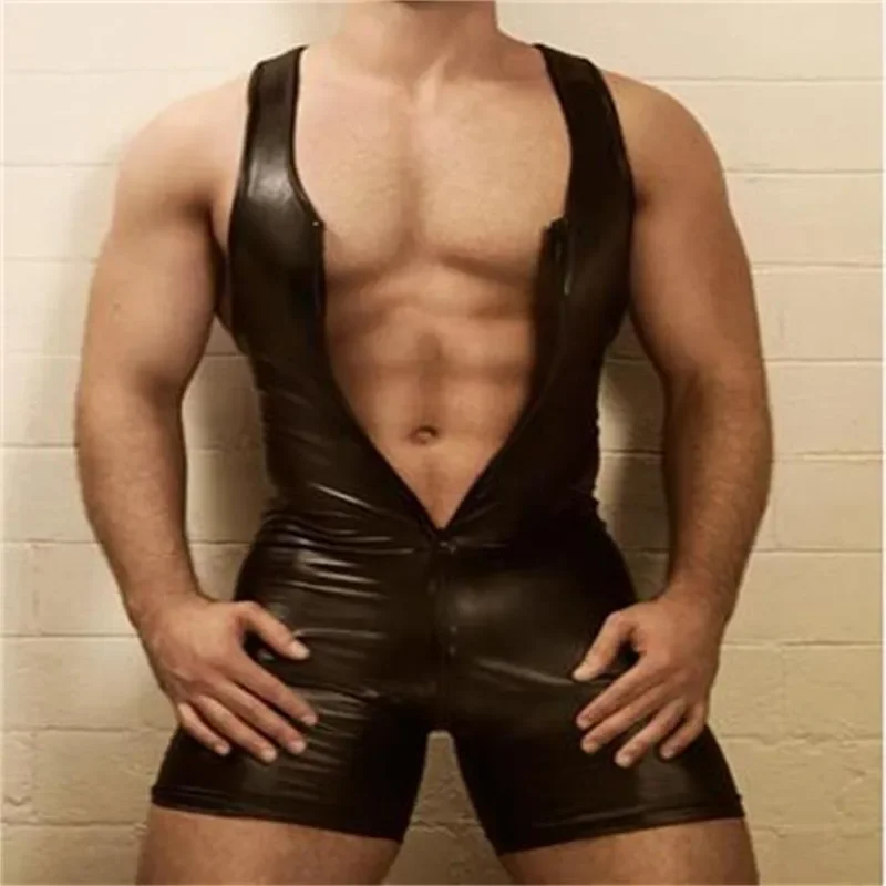 Uomo Lingerie body nero Sexy Wetlook ecopelle cerniera busto aperto Stretch stretto Catsuit erotico Fetish costumi Gay Clubwear