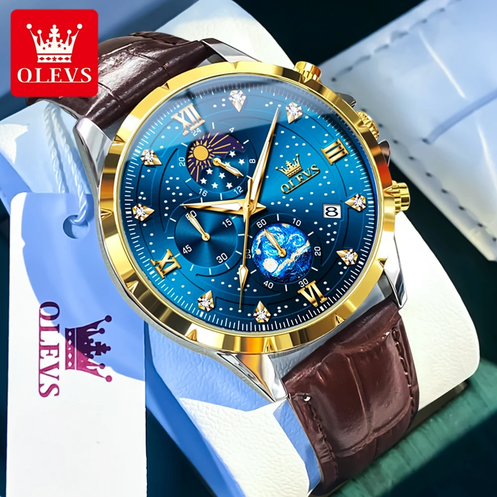 OLEVS Luxury Quartz Watch for Men Fashion Starry Sky Moon Phase Chronograph Auto Date Hand Clock Waterproof Luminous Men\'s Watch