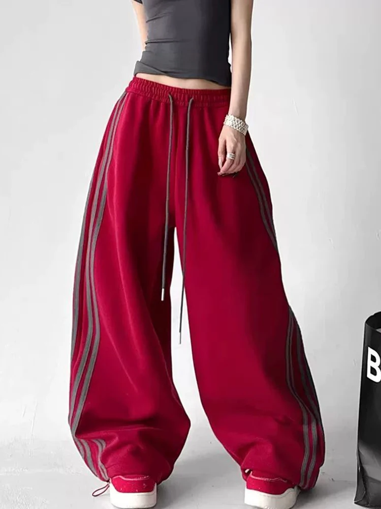 Streetwear Striped Retro Pants Women High Waist Harajuku Hip Hop American Trousers Fall Vintage Bf Lace Up Oversize Loose Pant