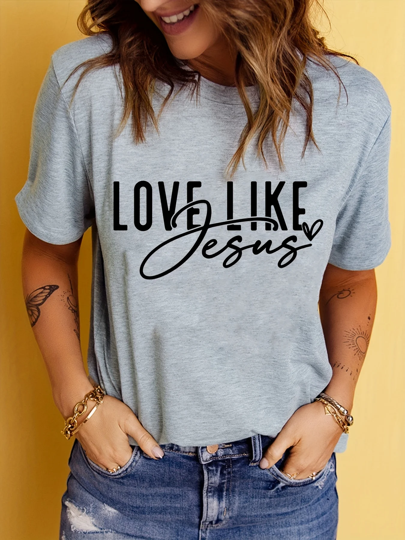 Love Like Jesus Print T-Shirt, Short Sleeve Crew Neck Casual Top For Summer & Spring, Women\'s Clothing