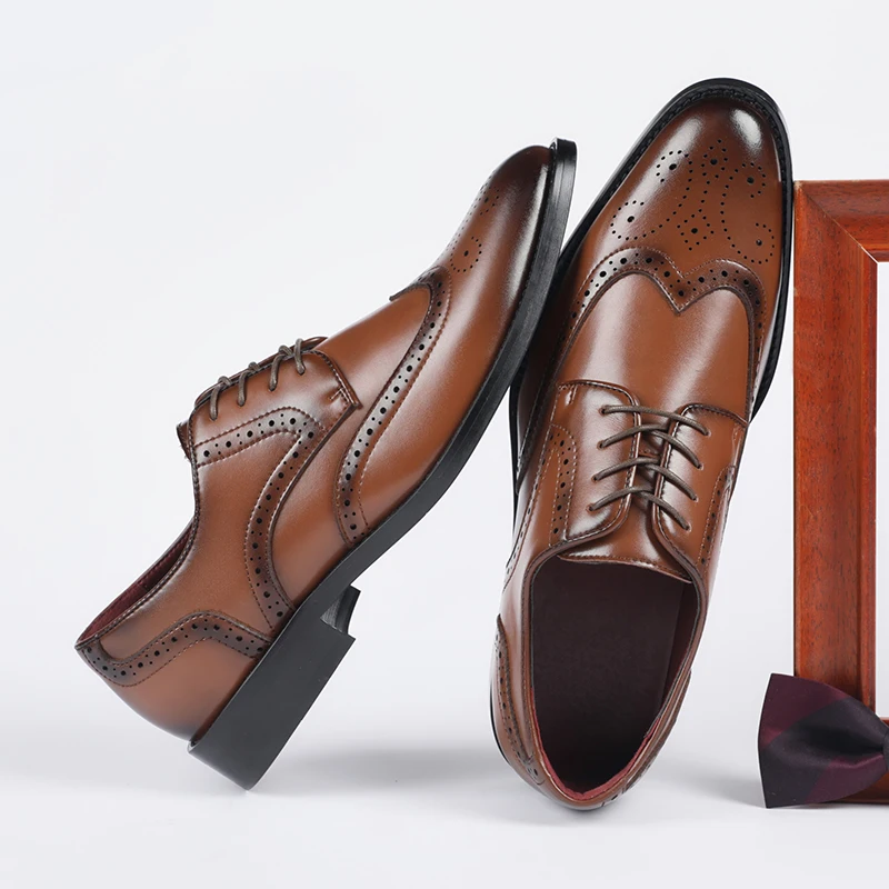 Zapatos de vestir Oxford de alta calidad para hombre, calzado de cuero de vaca genuino, Brogues de elevación, zapatos de boda formales