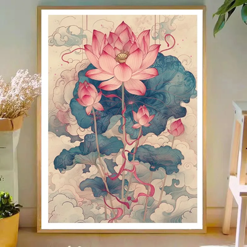 

70x50cm DIY Cross Stitch Kit 2025 Oriental Design Floral Water Lily Flower Pattern Needlework Embroidery Gift Set Wall Decor