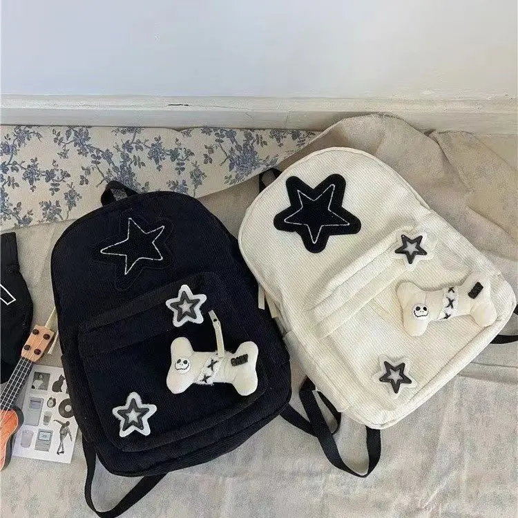 

Korean Fashion Winter Corduroy Backpack for Girl Y2k Star School Bag High Capacity Casual Cute Women Travel Bag Bone Backpacks