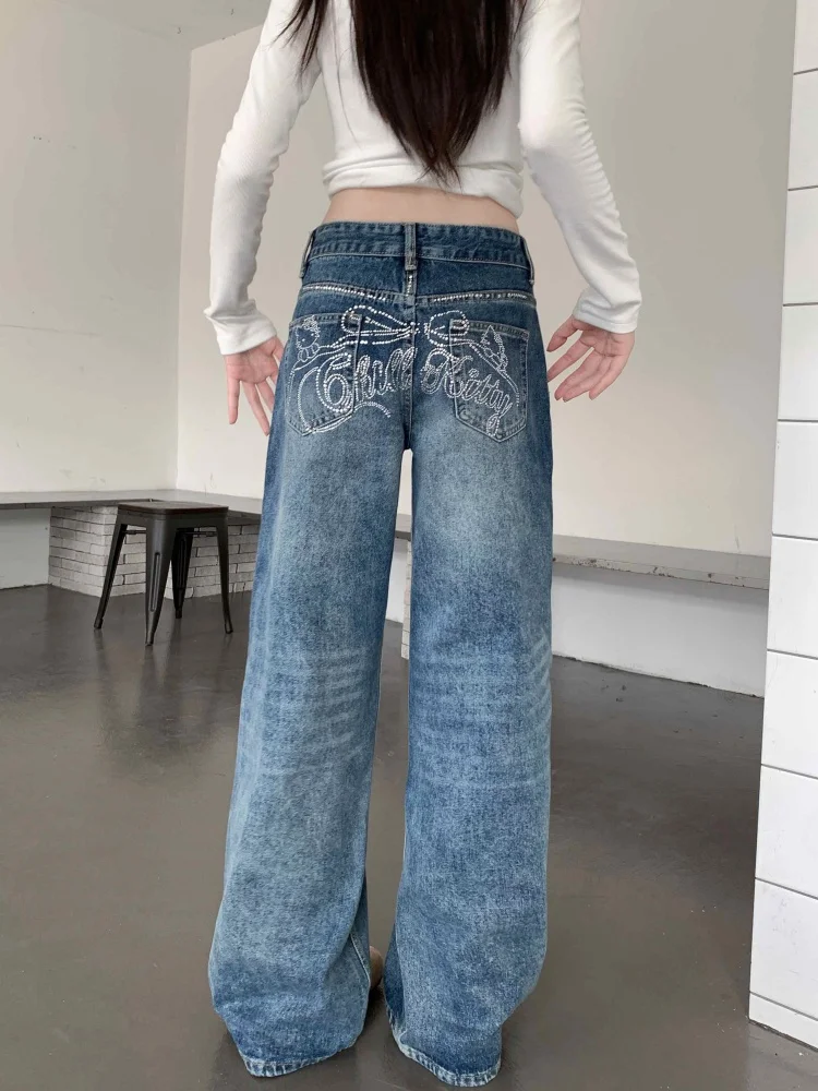 

Тренд Y2K, стиль 2023, горячая фиксация, синие мешковатые джинсы со стразами, брюки для женщин, одежда, прямые женские джинсовые брюки