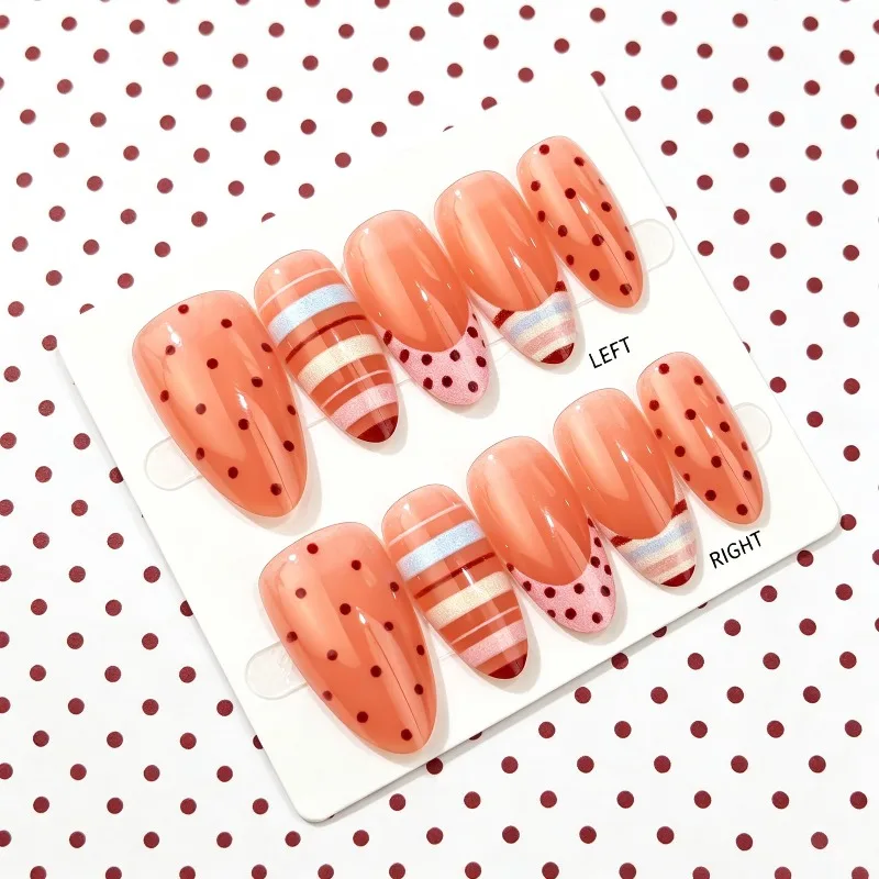 24PCS Almond Press on Nails Simple Polka Dot Colorful Striped French Fake Nails for Women Cute Ins Nail Tips Wearable Full Cover
