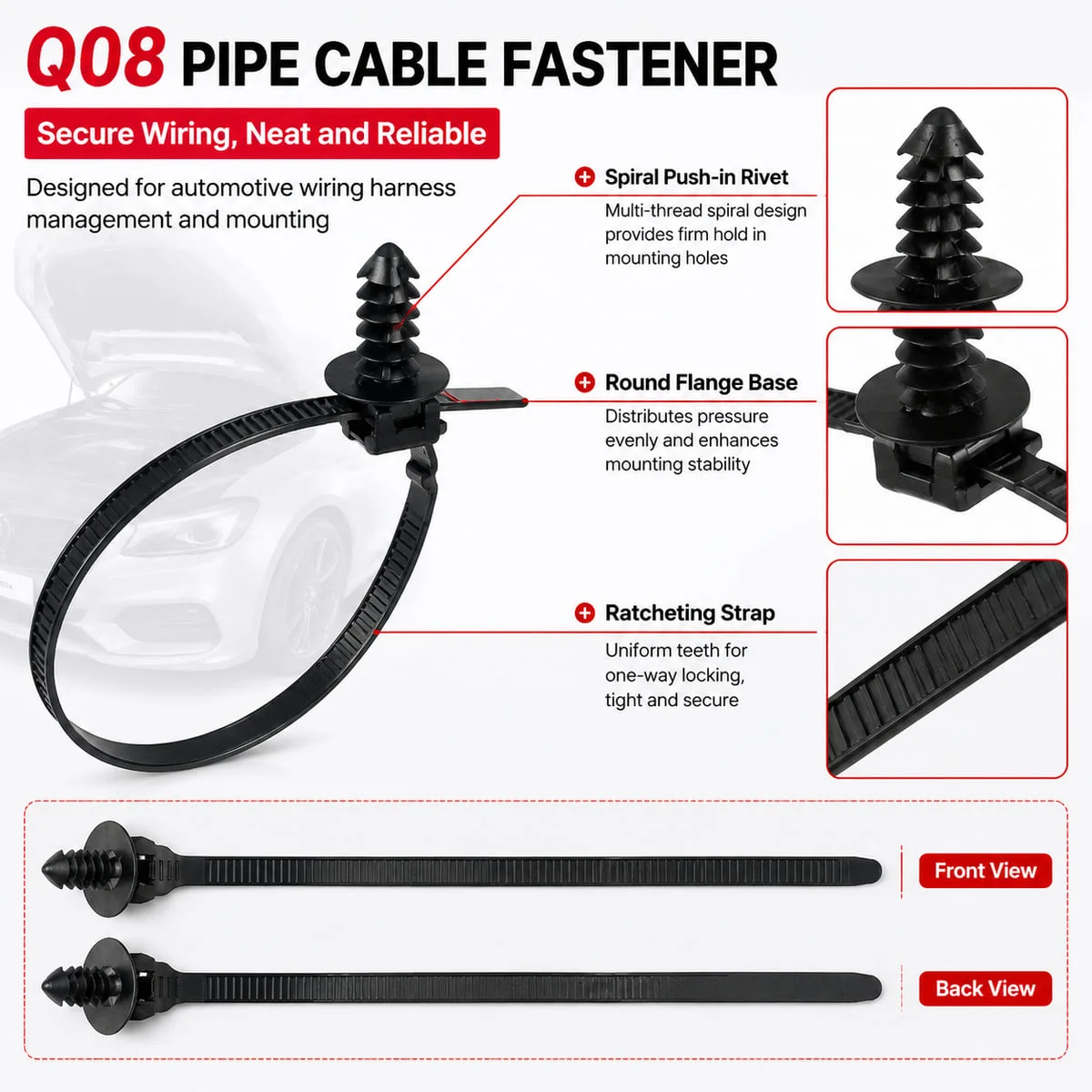 PINMOAP Q08 Black Nylon Spiral Head Cable Tie Fastener for Car Engine Bay Trunk Hood Wiring and Plastic Panel Fixing