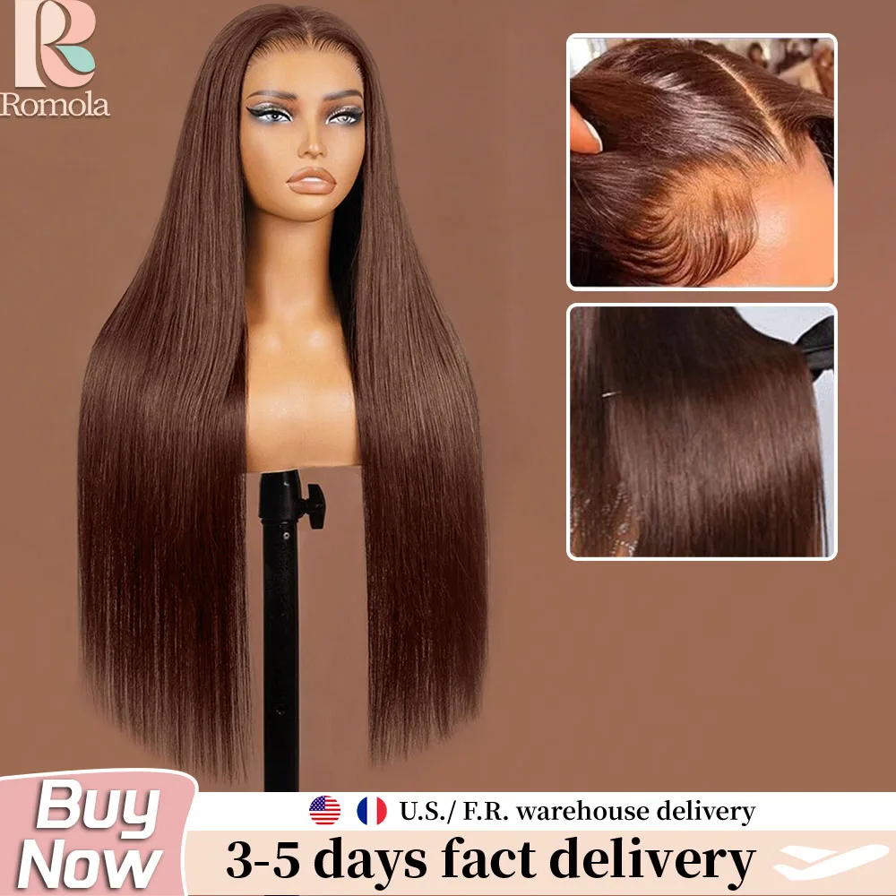 

Парик из натуральных волос Romola Bone Straight, шоколадно-коричневый, с HD-кружевом, 13x6, 13x4, предварительно выщипанные пряди, с эффектом baby hair, бразильские парики, оригинал