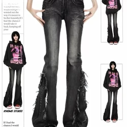 Women Black Gothic Baggy Flare Jeans High Quality American Vintage Cat Whisker Fringed Low Waist Slim Fit Low-rise Y2k Pants