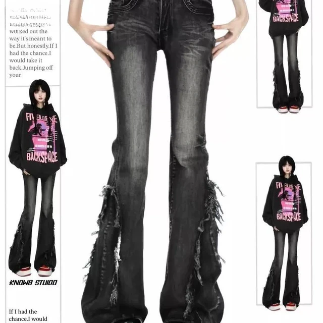 Kobiety Czarne Gothic Baggy Flare Jeans Wysokiej jakości American Vintage Cat Whisker Fringed Low Waist Slim Fit Low-rise Y2k Pants