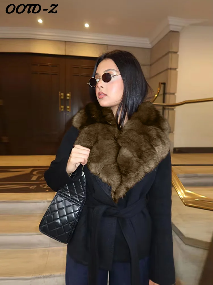 أنيقة فو الفراء الدانتيل يصل معطف الصوف المرأة شال طوق مربوط الخصر كم كامل معاطف الإناث الخريف الشتاء سيدة الموضة أبلى