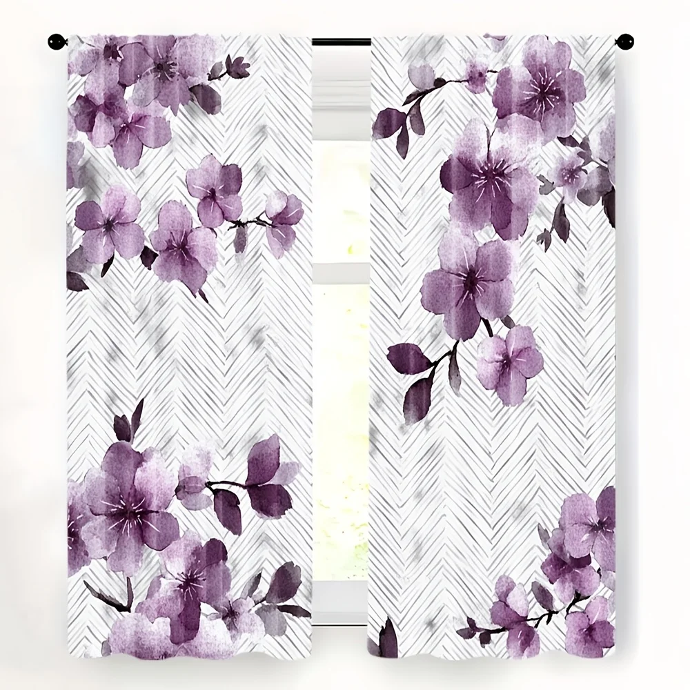 

2D FLAT 2pcs Curtains Purple Flowers On White Chevron Perfect for Balcony, Bedroom, Study, Living Room, Suitable for Spring