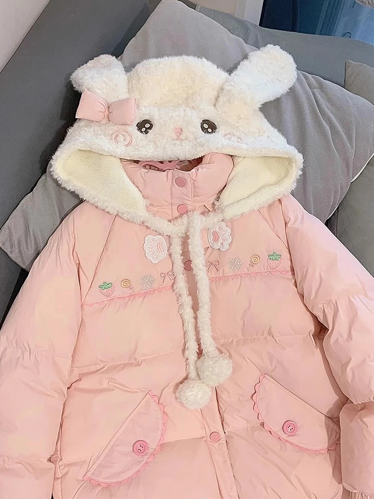 Preppy Style Winter Embroidery Warm Women Parka Harajuku Zippers Casual Rabbit's Ears Hooded Tops Y2k Aesthetic Pocket Pink Coat