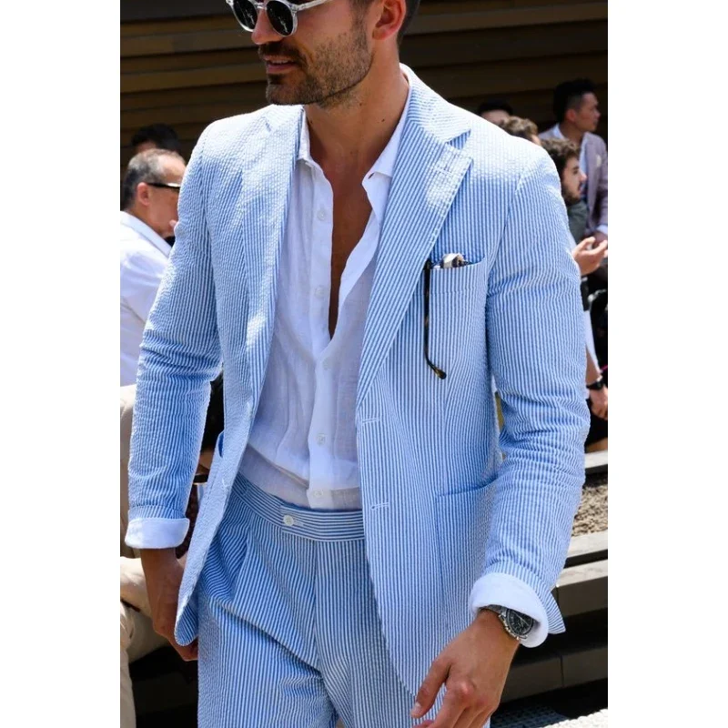 

Sky Blue Pinstripe Men Suits Summer Beach Travel Casual Two Piece Male Suit Slim Notched Lapel Wedding Tuxedo (Jacket+Pants)