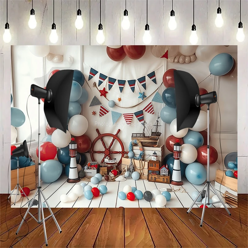 Blue Marine Lighthouse Sailboat Photography Backdrops Fishing Net Balloon Photo Studio Background Birthday Party Decor YW-02