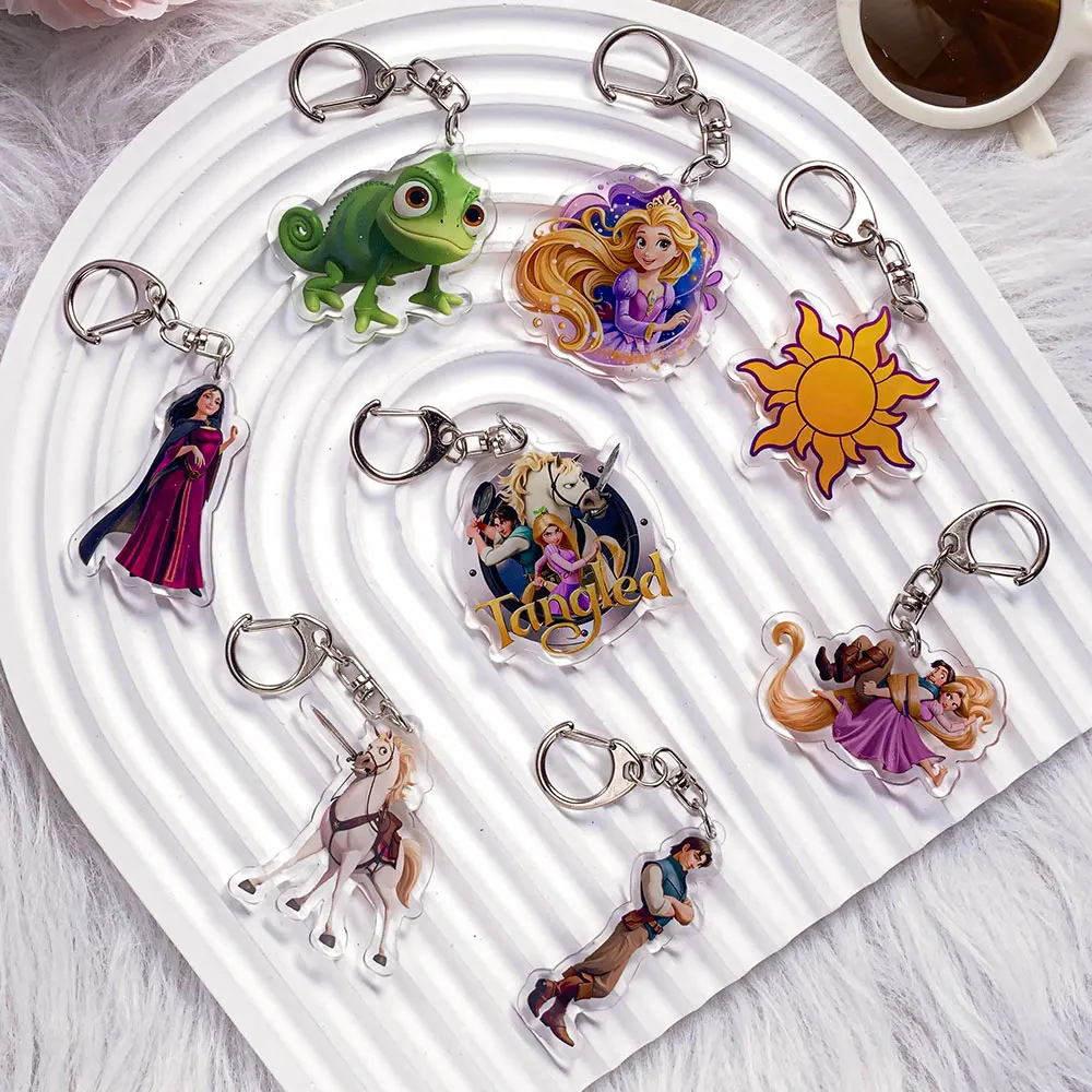 1/13 pçs disney emaranhado acrílico carro chaveiro saco dos desenhos animados encantos acessórios engraçado bonito mochila pingente chave titular amigo presentes