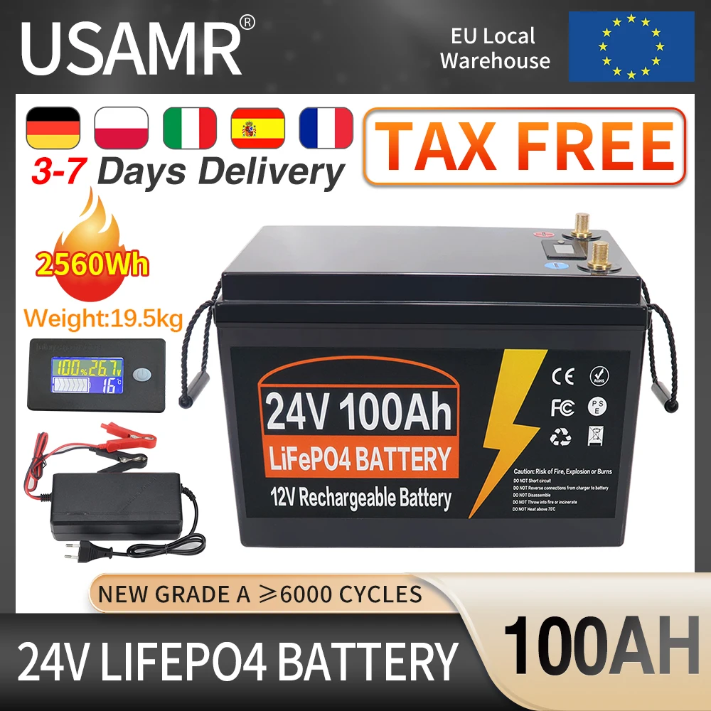 24V 100AH 150AH 300AH LiFePO4 Lithium Iron Phosphate Battery Built-in BMS 6000+ Cycles For RV Campers Golf Cart Solar Tax Free