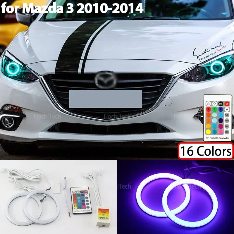 For Mazda 3 2010-2014 LED Headlight Lamps Accessories High Quality Remote Control 16-Color RGB Cotton LED Angel Eyes Rings