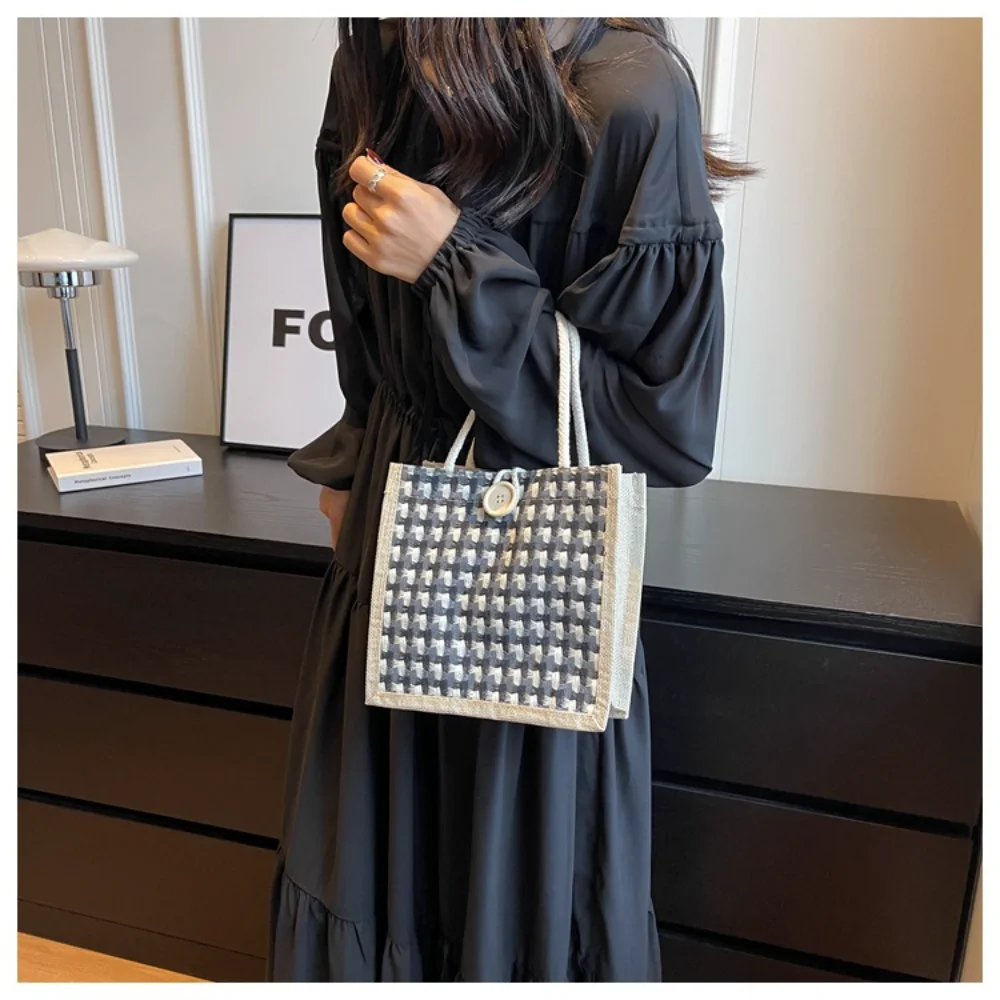 Women Woven Handbag Tote Bag Korean Style Ladies Button Handheld Linen Bag Button/Zipper Handheld Linen Bag Small Shopping Bag