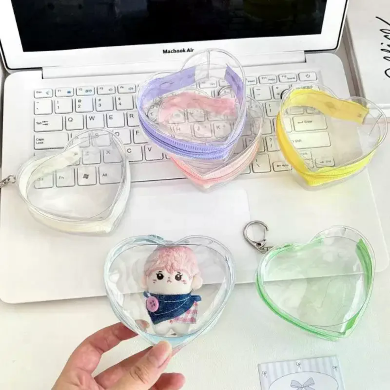 Портативная красочная прозрачная сумка для хранения из ПВХ с сердечком на молнии, защитный чехол для плюшевых кукол Kaychain, чехол для наушников, проволока для передачи данных, чехол для монет